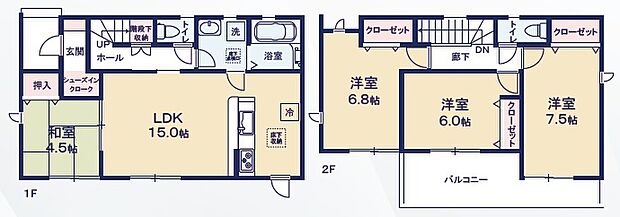 【4LDK】LDK15帖＋続き間和室4.5帖
全居室南向き
2部屋をつなぐバルコニー