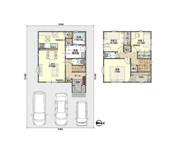 ＬＤＫ１５帖の広々空間で家族が自然と集う住まい。水回りが一直線の家事ラク動線や階段下収納など、使いやすさにこだわりました。２階はＷＩＣ付きで収納力も◎