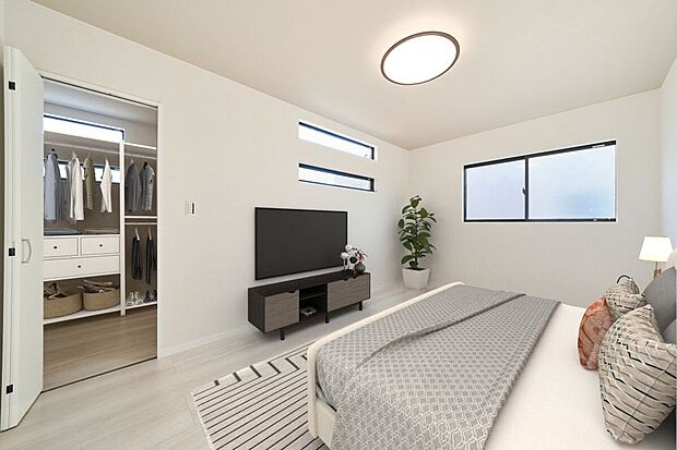 【【施工例】寝室】【施工例】自然光が差し込む主寝室は、落ち着いた雰囲気で心からくつろげる空間に。毎日の疲れを癒す、快適な寝室です。※家具配置はイメージです。