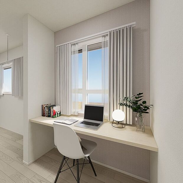 【完成予想図(内観)】■1号地ワークスペース(パース)主寝室に設けられたワークスペースは、テレワークはもちろんこと、就寝前のちょっとした時間を使って作業をしたり、趣味に没頭したりと、様々な用途に利用できます。