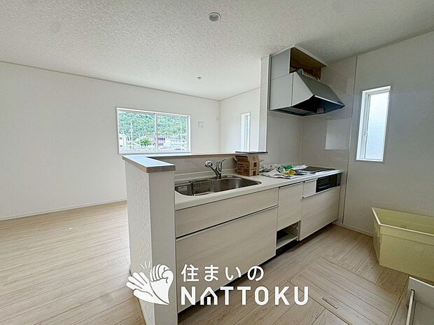 【現地写真(キッチン)】収納たっぷりのシステムキッチン、浄水器付水栓を標準装備しています。