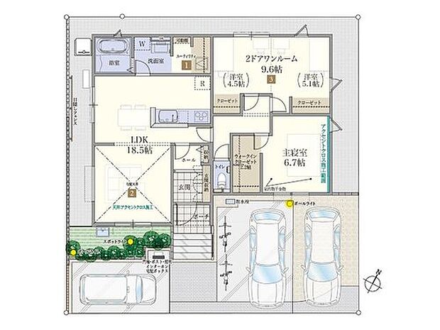 【26号棟】
18.5帖のLDKはリビング上部が勾配天井となっており、開放感が抜群に良いです。洋室は2ドアワンルームなので、家族の状況に応じて間取りの変更ができます。