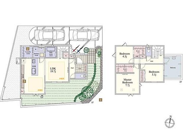 【3LDK】19.7帖の広々したLDKが魅力の住まい!キッチンからランドリールームとサニタリールームへの行き来がスムーズな家事ラク動線プランとなります。