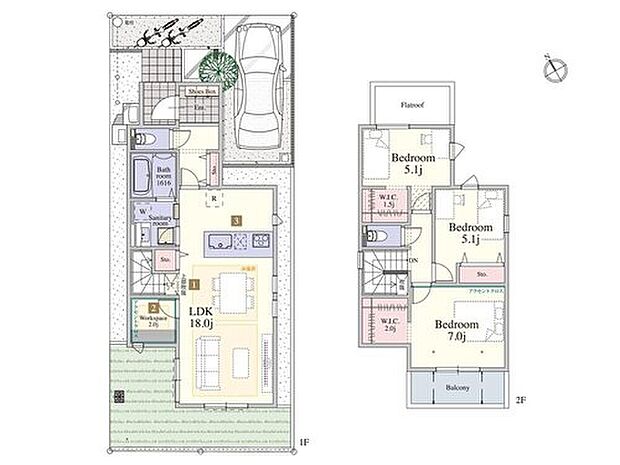 【3LDK】18.0帖のLDKの横に設けた2.0帖のワークスペースで、リモートワークや子どもの勉強ができるプランです。2ヵ所のウォークインクローゼットをはじめ、収納空間も豊富に揃えてます。