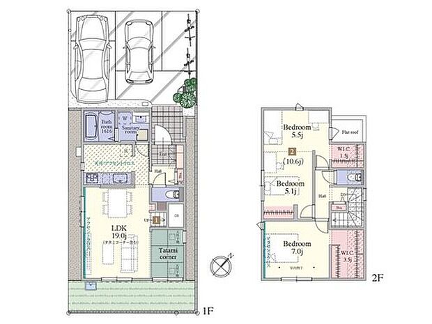 【2(3)LDK】19.0帖のLDKの隣は3.0帖のタタミコーナーを採用し、実質20.0帖超の広々した居住空間。2階の居室にも2つのウォークインクローゼットを採用し、収納面も充実です。