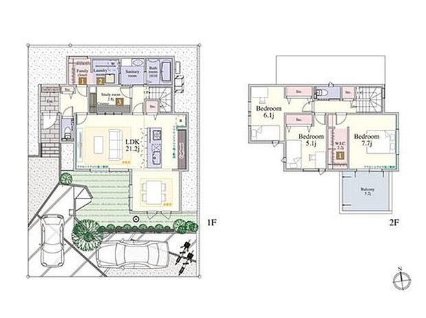 【7号棟】
「スタディコーナー」「ファミリークローゼット」「ランドリールーム」「アイランドキッチン」といった、当社の人気プランを集結させた大注目な住まいです。