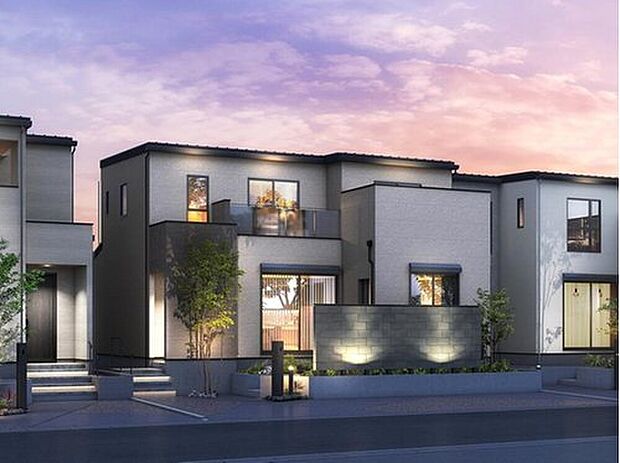 【外観完成イメージ】
外観はスクエアデザインの中に凹凸を交えて、重厚感を演出する外観デザインとなります。
※画像はイメージパースのため実際と異なる場合がございます