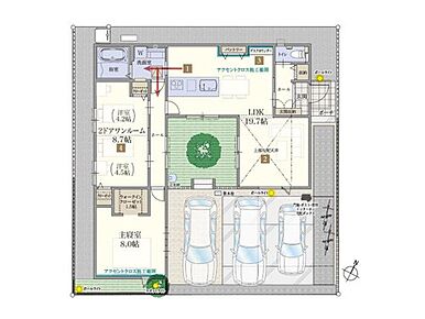 【27号棟】
新たな平屋スタイル「FLAT(フラット)」を採用しました！FLATは「コの字」形状となり、中央には「中庭」を配置した新しいデザインとなっています。 
