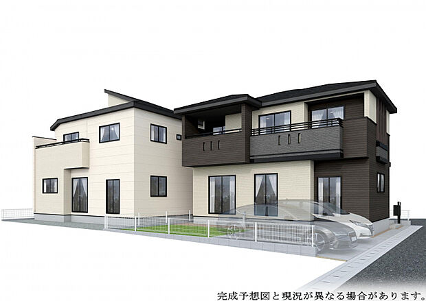 【完成予想図(左1号棟、右2号棟)】 JR宇野線「妹尾」駅まで徒歩10分と好立地◎ブルーミングガーデンこだわりの新築戸建、全4棟が誕生します。土地面積40坪超えのゆとりあるデザイン住宅です。
