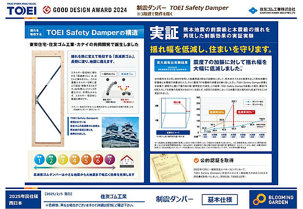 【◇TOEI Safety Damper◇】東栄住宅・住友ゴム工業・カナイの共同開発による制震システムを採用。小さな地震から大きな地震まで幅広く効果を発揮し、揺れ幅を低減することで、大切な住まいをしっかりと守ります。
