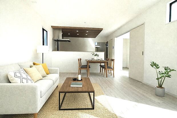 【LDK(1号棟)】明るく開放感のあるリビングダイニング。木目調の床と天井が温もりを添え、家具や照明も調和した心地よい空間で、家族の時間をゆったりと過ごせます♪(家具はCGイメージです)