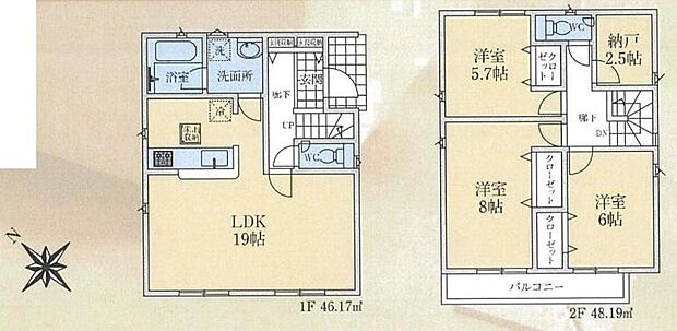 (３号棟)、3LDK+S、土地面積135.68m2、建物面積94.36m2