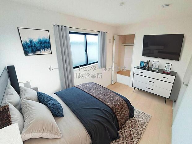 【洋室】大きなベッドを置いてもゆとりのある広さ!収納完備しておりますので、家具が少なく済みます!お掃除もラクラクですね♪※家具をCGで加工しています。家具付き販売ではございません。