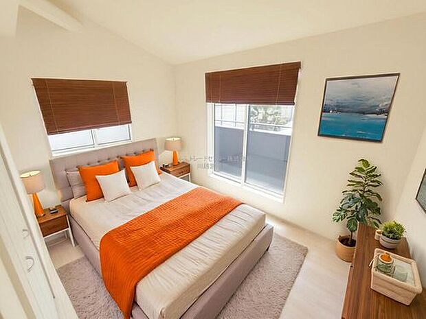 【洋室】大きなベッドを置いてもゆとりのある広さ！収納完備しておりますので、家具が少なくて済みます！お掃除もラクラクですね♪※家具をCGで加工しています。家具付き販売ではございません。