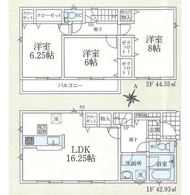 【3LDK】充分な広さのワンフロアタイプ１６帖超えLDK♪ご家族が自然と集まる穏やかな暮らしがイメージできます！２階全居室６帖超え♪ご家族それぞれのプライベート空間がゆったりと保てますね♪