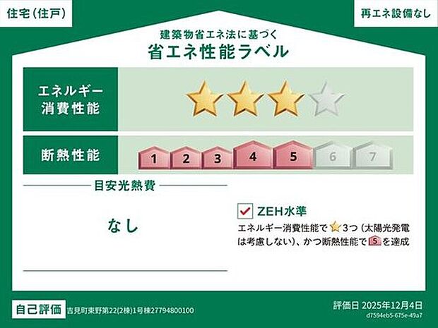 【 【省エネ性能ラベル】】【１号棟】こちらの物件はZEH水準を満たした、省エネ性能に優れた物件です。光熱費を抑えて暮らすことができるだけでなく、「熱の入りにくさ・逃げにくさ」という観点でも影響を受けにくい建物のため、長く快適にお過ごしいただけます♪※本ラベルは特定の住戸の性能を示すものであり、全ての住戸の性能を示すものではありません。