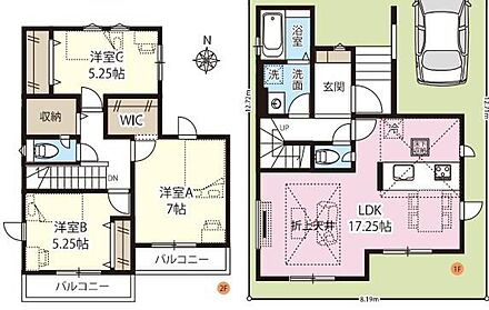対面式システムキッチンを配したワンフロアタイプのLDKはゆとりの１７帖超え♪ご家族でゆったりとお寛ぎいただけます！収納充実♪２階フロアに収納スペース・主寝室にはWIC完備♪ 