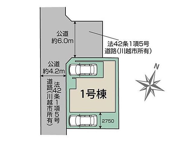 【全体区画図】東武東上線「新河岸」駅徒歩１１分！開放的な角地です。カースペース２台分♪強烈な日差しや、雨風、ホコリなどから大切な車を守るビルトインガレージ完備！