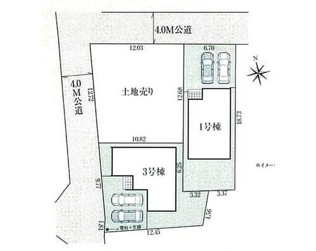 【区画図】閑静な住宅街に佇む南向き全3棟♪カースペースはゆとりの3台駐車可能。駐輪場として、来客時や将来お子様も車を持たれた時など何かと重宝します。物置スペースとしてのご活用も◎♪