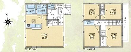 ゆったり寛げる充分な広さのワンフロアタイプ１８帖LDK♪２階には４居室をご用意！全室二面採光で収納完備！ご家族それぞれのプライベート空間も保てますね♪ 