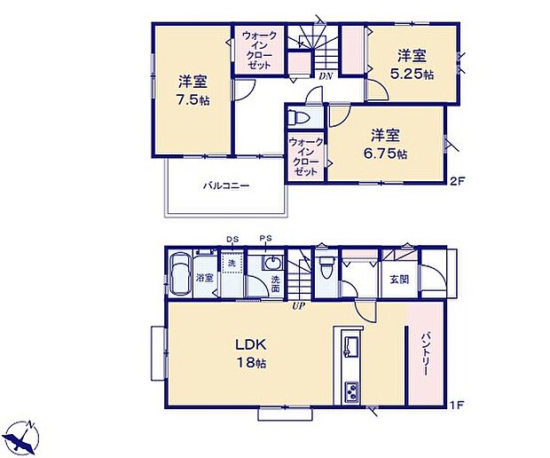 【3LDK】ワンフロアタイプのゆとりある18帖LDK!ご家族揃ってゆっくりお過ごしいただけます♪大型パントリー・WIC2カ所完備で収納も豊富です♪