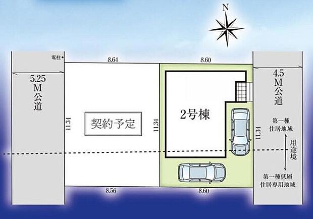 【全体区画図】閑静な住宅街に佇む南向き全2棟♪カースペース2台分完備!家族分の自転車を駐輪したり、来客用の駐車スペースとしてもお使いいただけます。