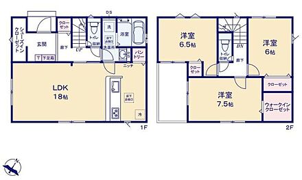 対面式システムキッチンを配した１８帖LDK♪水回り回遊動線で家事もスムーズです！２階居室は全室６帖以上！個々のプライベートを保ちのびのびと過ごせます♪ 