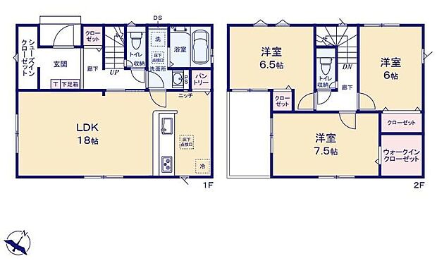 【3LDK】対面式システムキッチンを配した18帖LDK♪水回り回遊動線で家事もスムーズです!2階居室は全室6帖以上!個々のプライベートを保ちのびのびと過ごせます♪
