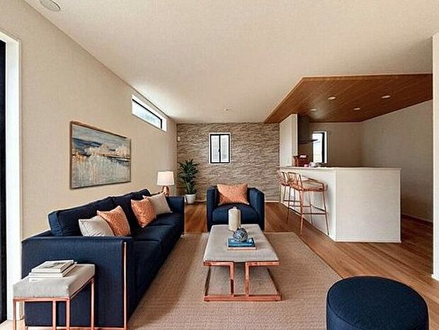 【2号棟】陽当りの良いリビングは明るく風通しの良い2面採光。ご家族の様子が感じられ、安心さと心地よさを実現した快適空間。※こちらはCGで画像を生成したイメージ画像になります。家具などは付いておりません