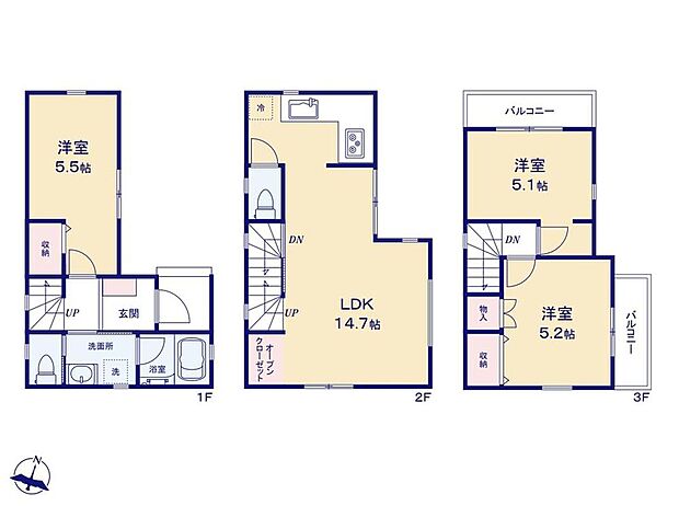 (1号棟)、価格3280万円、3LDK、土地面積49m2、建物面積70.78m2