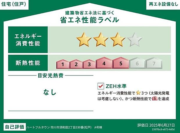 【【省エネ性能ラベル】】こちらの物件はZEH水準を満たした、省エネ性能に優れた物件です。　光熱費を抑えて暮らすことができるだけでなく、「熱の入りにくさ・逃げにくさ」という観点でも影響を受けにくい建物のため、長く快適にお過ごしいただけます♪　※本ラベルは特定の住戸の性能を示すものであり、全ての住戸の性能を示すものではありません。