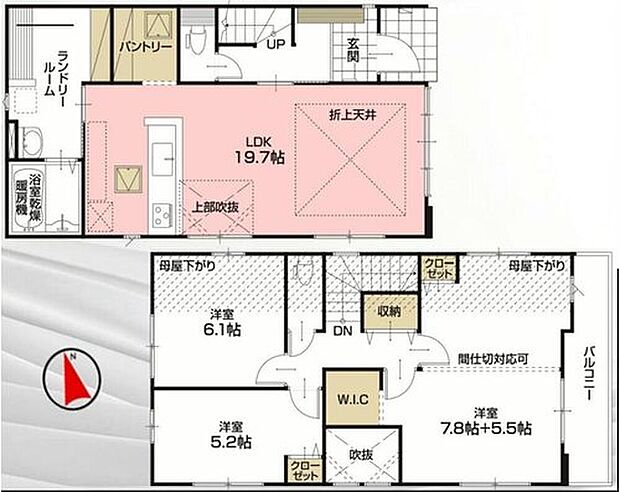 【3LDK】南向きの広々19.7帖のLDKにさらに開放感を感じる吹抜けもあり♪
2階主寝室にはWICを完備♪
用途に合わせて部屋を間仕切ることも可能な嬉しいがいっぱいの間取りです♪