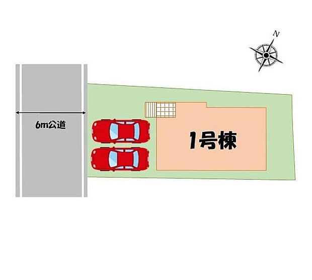 【全体区画図】車種により並列駐車お車2台分のスペースを確保いたしました。前面道路は6mとゆとりがあるので、お車の出し入れもらくらくです♪