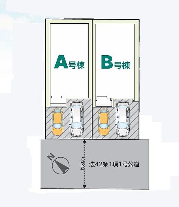 【全体区画図】車種により2台駐車可能なカースペース完備!
周辺は交通量の少ない生活道路なので小さなお子様を持つご家庭も安心です♪
