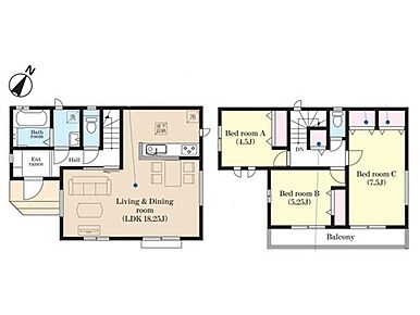 18帖以上のLDKは対面キッチンと天井アクセントクロスで明るく高級感のある空間です♪全居室南向きで日当たり良好◎全居室・2階階段横にも収納を完備しているのでいつでもお部屋をすっきりとお使い頂けます！ 