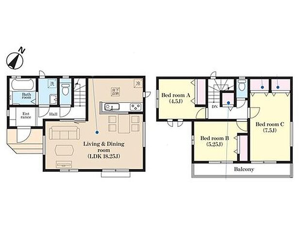 【3LDK】18帖以上のLDKは対面キッチンと天井アクセントクロスで明るく高級感のある空間です♪全居室南向きで日当たり良好◎全居室・2階階段横にも収納を完備しているのでいつでもお部屋をすっきりとお使い頂けます！