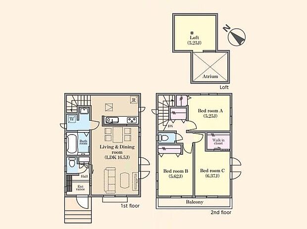 【3LDK】◇リビングイン階段+対面式キッチンを採用した、家族との会話が自然と弾む間取♪
◇5帖以上のロフトはお部屋としても活用できるゆとりの広さ♪
◇2部屋から行き来できるバルコニーでお洗濯も快適♪