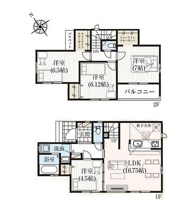 【4LDK】全居室南西向きの明るく開放的な間取り！
ご家族のコミュニケーションを育むリビングイン階段を採用しました♪
2部屋にゆとりあるWIC完備♪収納豊富で居住空間スッキリ♪