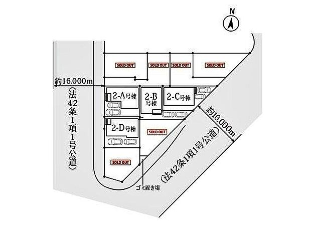 【全体区画図】お車2台分の並列駐車が可能です。セカンドカーの駐車やご家族の自転車の駐輪もできます！