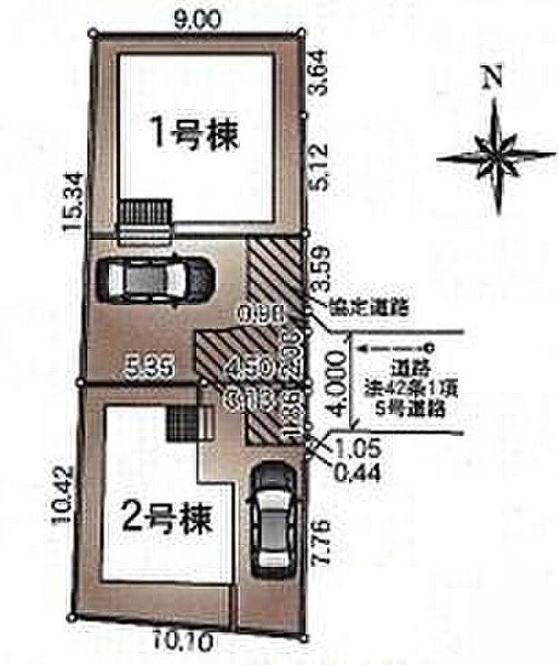 【全体区画図】全面道路は車通りも少なく、車庫入れが苦手な方でも落ち着いて駐車できます。空いたスペースはご家族の自転車の駐輪スペースとしてもお使いいただけます！