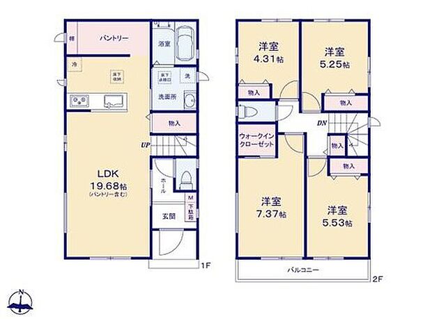 【4LDK】◇広々19帖超のLDK！対面キッチンからはLDK全体を見渡せます♪
◇パントリー内に三段可動棚を標準設置し、収納力UP♪
◇リビングイン階段で、お子様の帰宅もすぐわかりますね♪