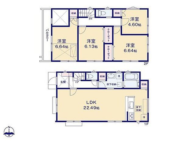 【4LDK】22帖超えのリビングは開放感あふれる広々空間！キッチンには食料品のストックにも便利なパントリー付きです♪
２階は全居室収納完備！小屋裏収納付きですっきり片付くお住まいです◎