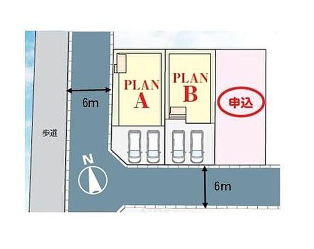 【全体区画図】陽当たり良好、開放感あふれる南西角地♪お車並列で2台駐車可能です！