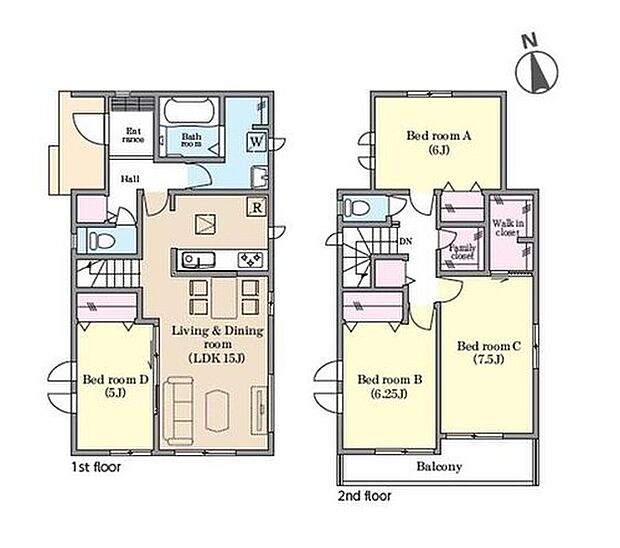 【4LDK】2階ファミリークローゼットには家族の
季節外衣類やお布団などをまとめて置くのも
おススメです◎LDKには家族が自然と顔を
会わせるリビングイン階段を採用♪