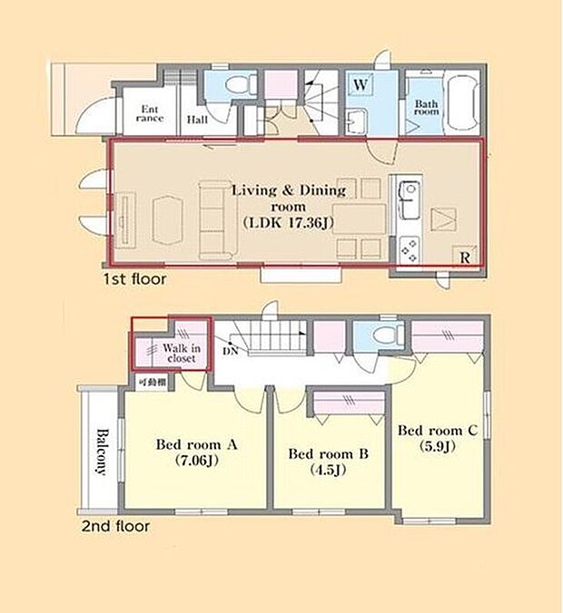 【3LDK】◇2F主寝室に大容量ウォークインクローゼットと可動棚付き！かさばる季節物のお洋服や小物などもスッキリ収納できます◎
◇家族が自然と顔を合わせるリビングイン階段！家族との会話が弾みます♪