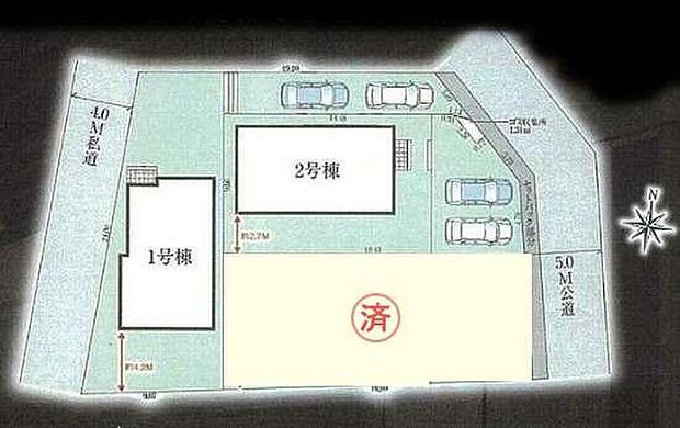 【全体区画図】カースペースは２台分完備しております！南側の庭先も広々♪周辺道路は車通りが少ないため、駐車の際にも安心です。