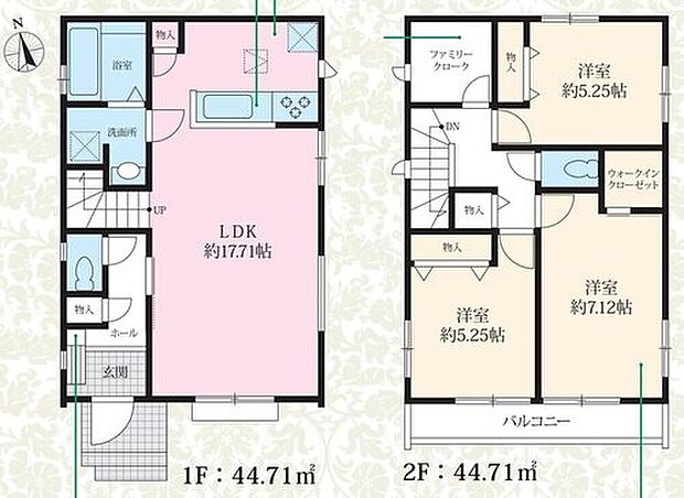 【3LDK+S】◇広々17帖超のLDK☆対面式キッチン・リビングイン階段プラン♪
◇ファミリークローク、WICをはじめ、随所に豊富な収納スペースを確保◎
◇居室を2階に集約し、プライバシーにも配慮♪2部屋に渡るバルコニー付き☆