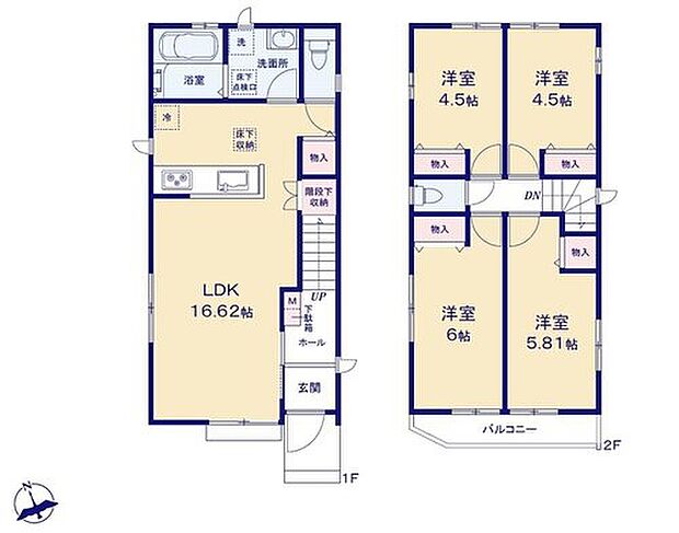 【4LDK】◇2階に4部屋をまとめることで、ご家族それぞれのプライベート空間も保てますね。
◇広々16帖超のLDK！対面キッチンからはLDK全体を見渡せます♪
◇2部屋から行き来できるバルコニーはとても便利♪