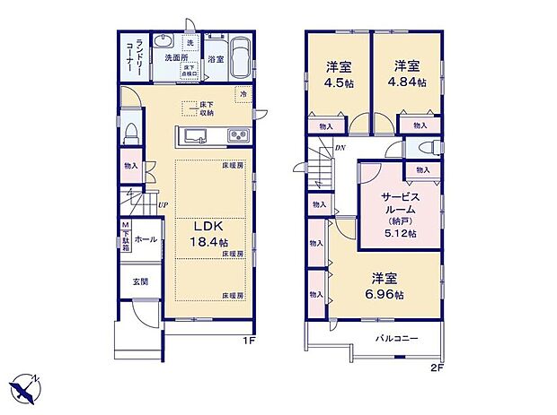 【3LDK+S】◇LDKは床暖房標準搭載の広々約18.4帖☆
◇作業場や収納場所に便利なランドリーコーナー♪
◇お部屋としても自由に使用できる約5.12帖の納戸付♪