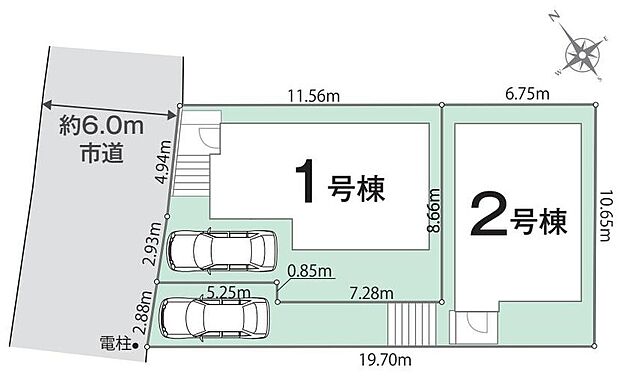 【全体区画図】全面道路幅はゆったり約6ｍあるので、車庫入れが苦手な方でも落ち着いて駐車できます。空いたスペースはご家族の自転車の駐輪スペースとしてもお使いいただけます！